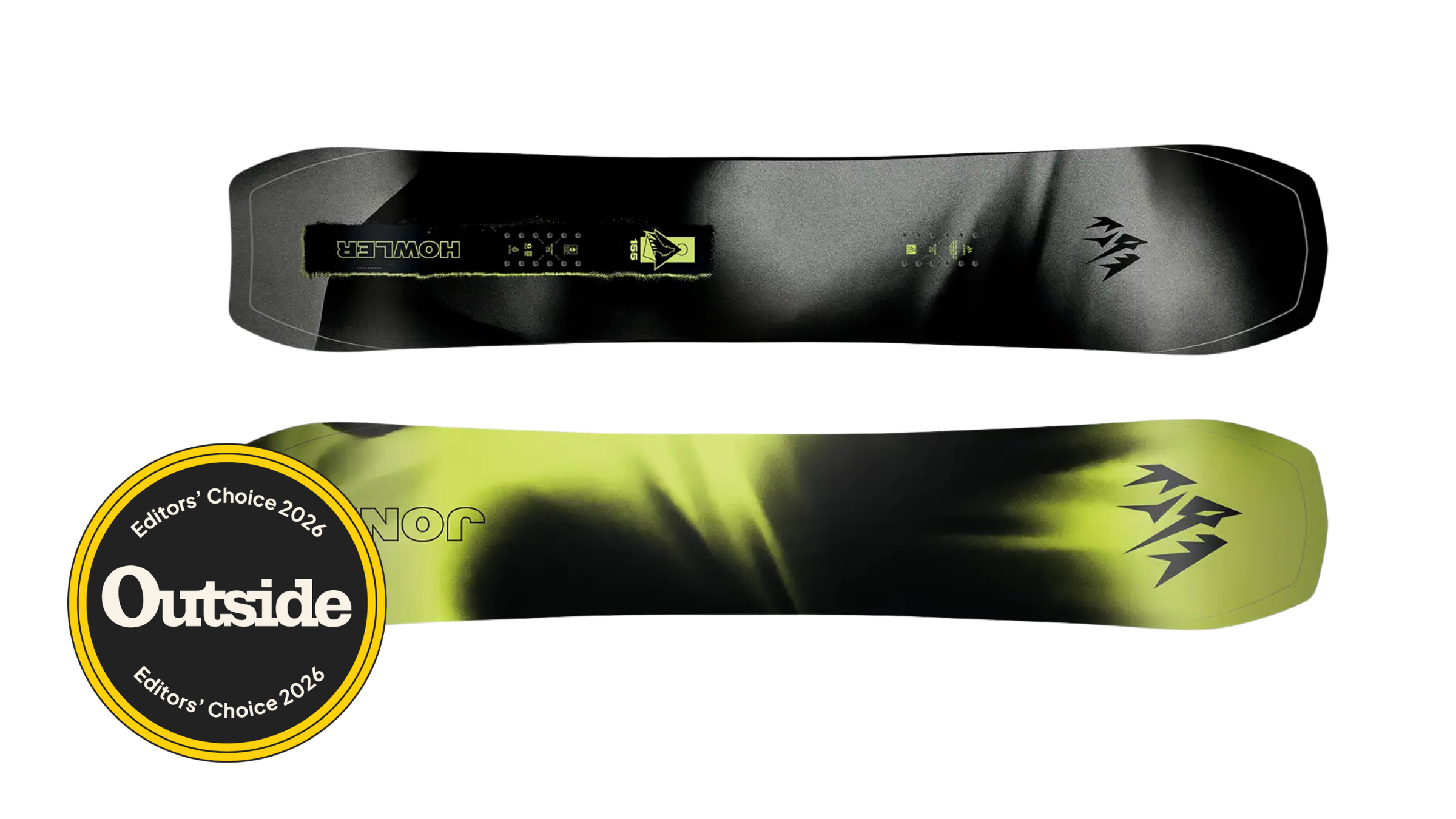 green, black and gray deck of Jones Howler, editor's choice for best 2026 snowboard, on white background