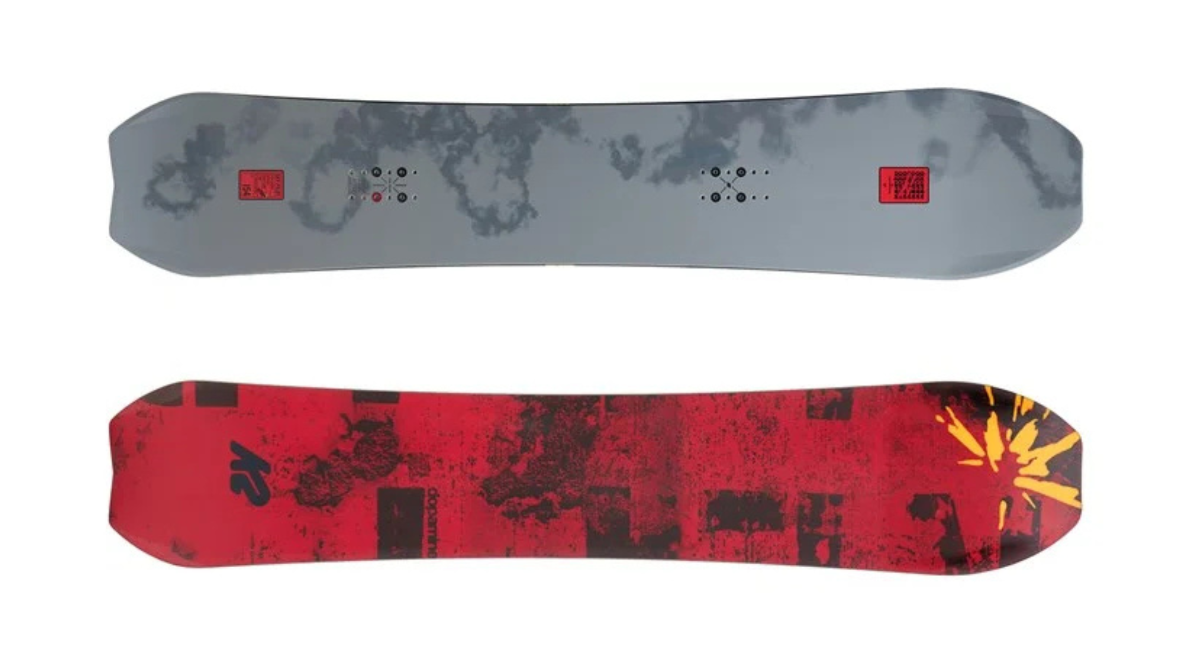 red and gray deck of K2 Sky Pilot, a best snowboard for 2026, on white background