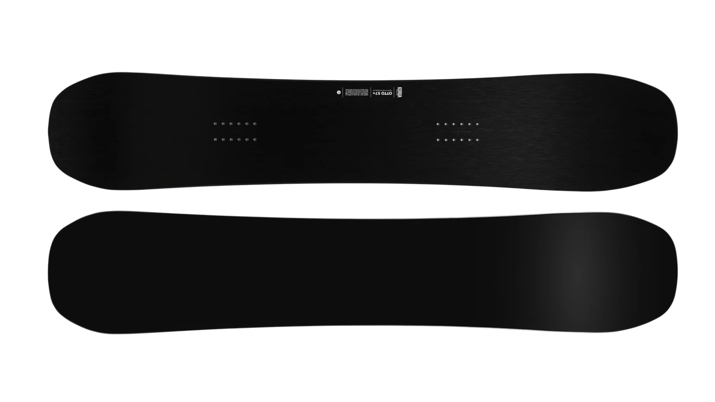 both sides of all black Korua Shapes Otto Plus snowboard, a best snowboard for 2026, on white background