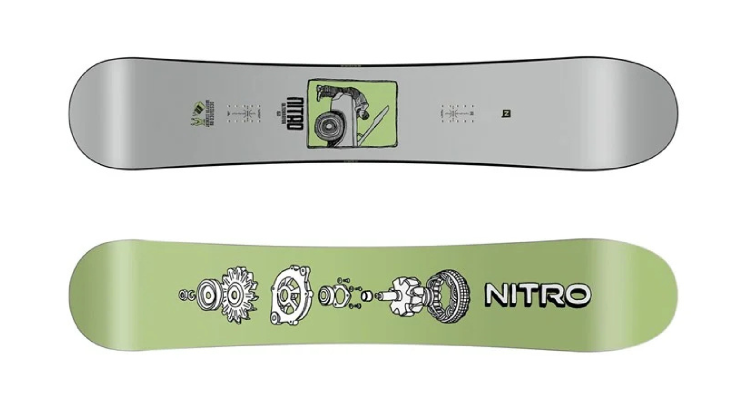 both sides of Nitro Alternator, a best snowboard for 2026, on white background