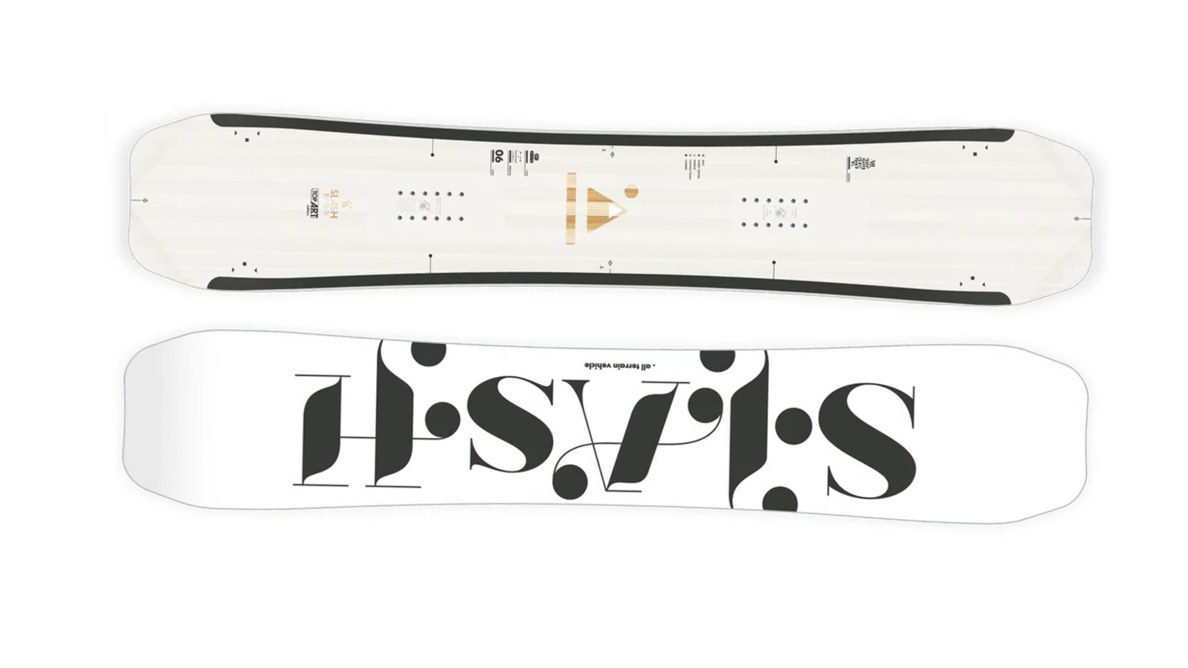 white and black deck of Slash ATV, one of the 2026 best snowboards, on white background