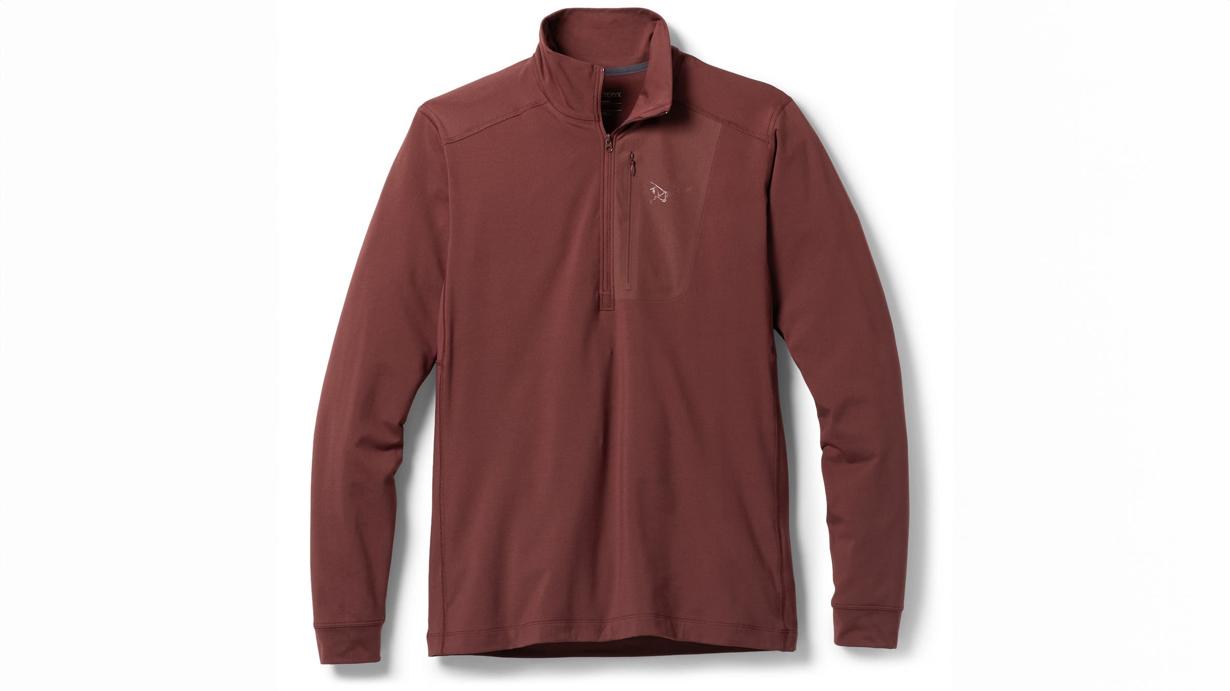 Arc'teryx Rho LT burgundy zip base layer on white background