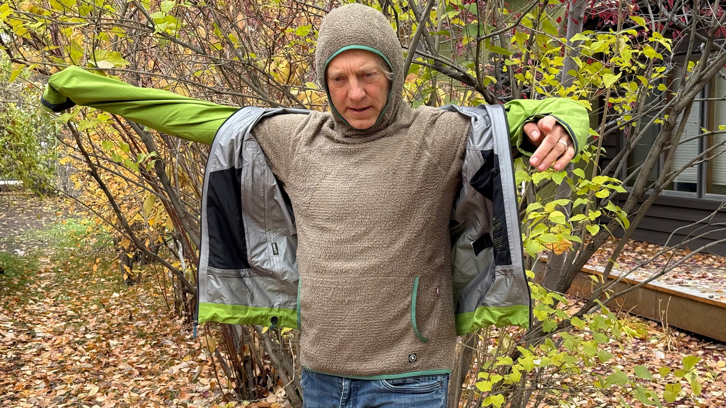 Backcountry Highliner fleece layer light brown testing under shell