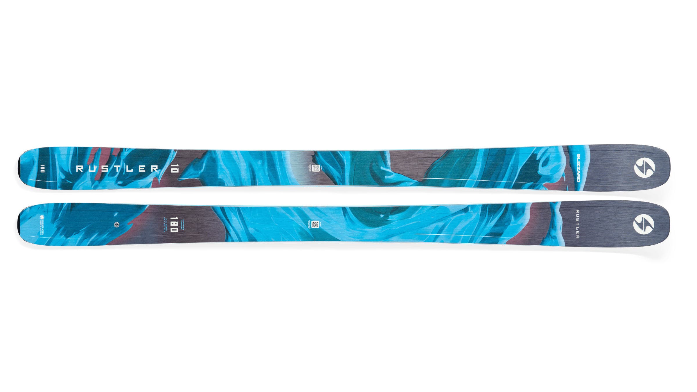 Blizzard Rustler 10 skis blue and gray on a white background