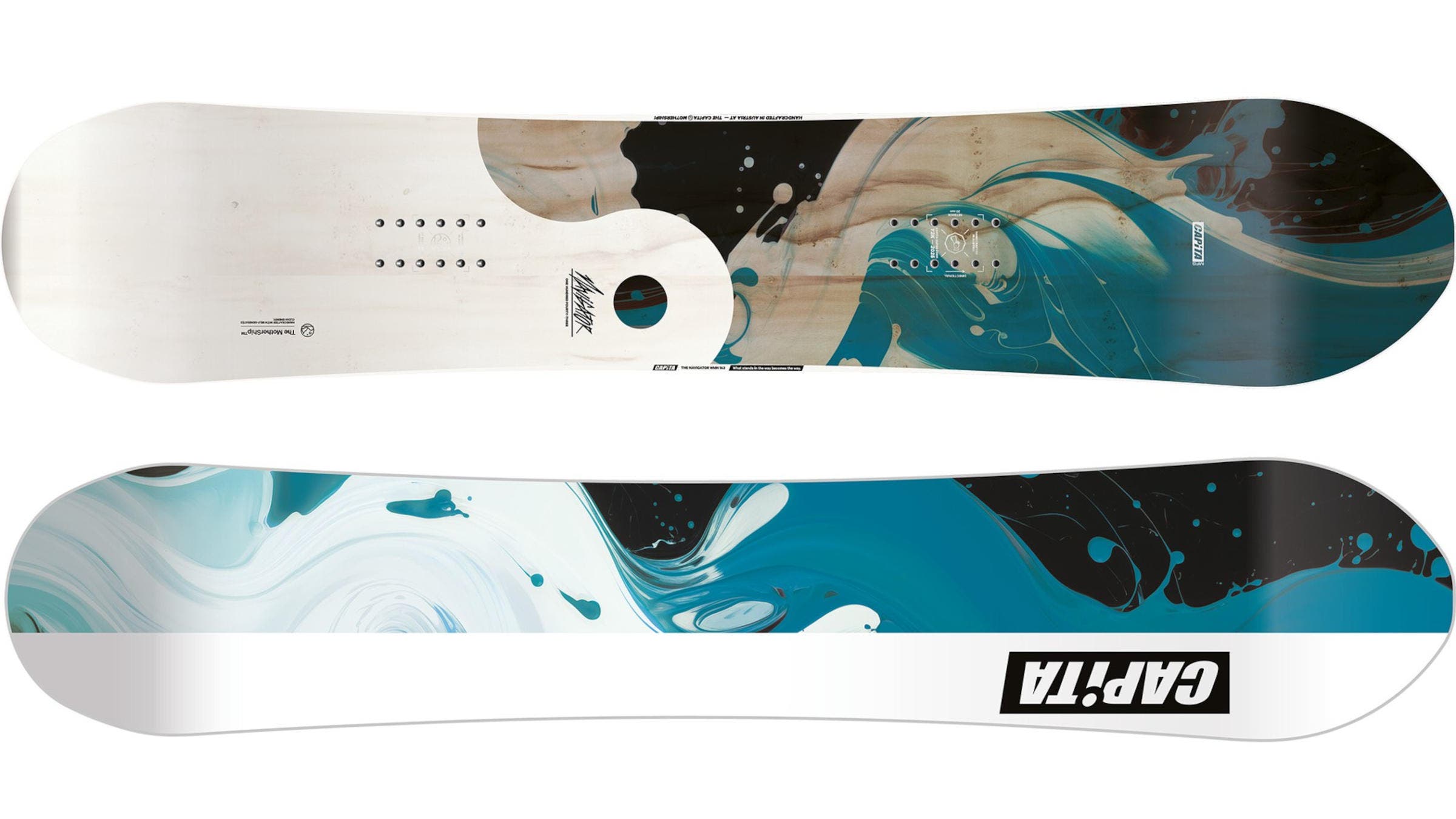 The 2026 Capita Navigator Womens' Snowboard is displayed in tones of black,white, teal and beige & arranged horizontally on a white background
