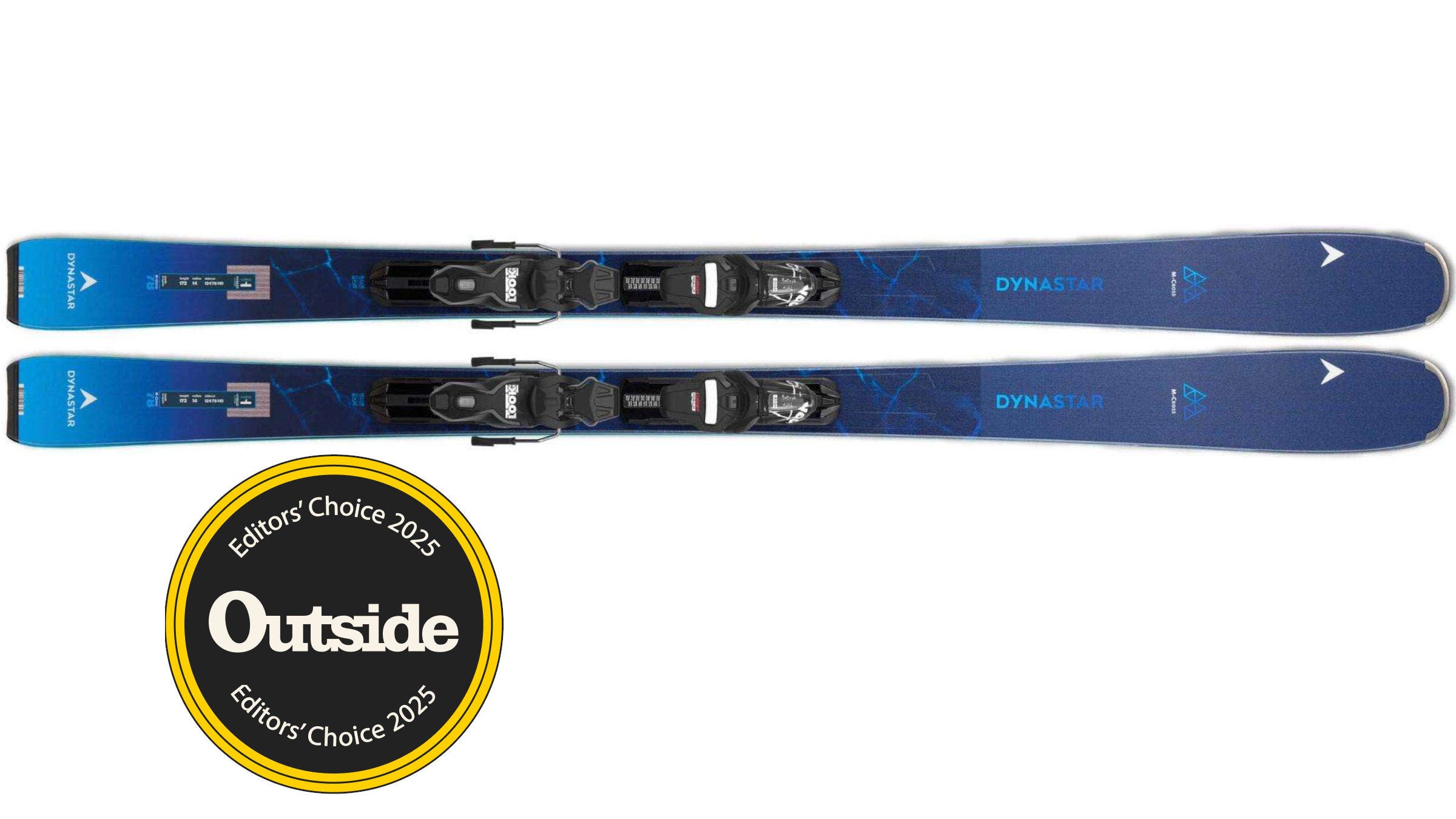 Dynastar M Cross 78 blue skis on a white background. A medal in the bottom left reads "Outside: Editors' Choice 2025"