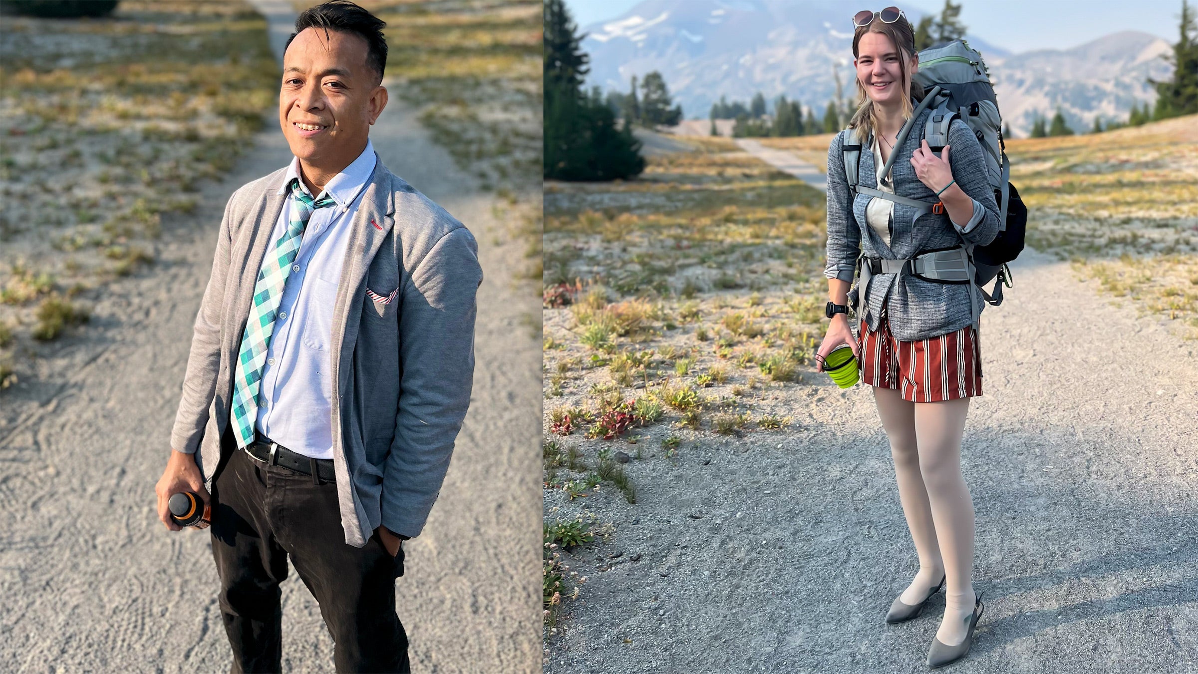 The author and her partner before their formalwear hike