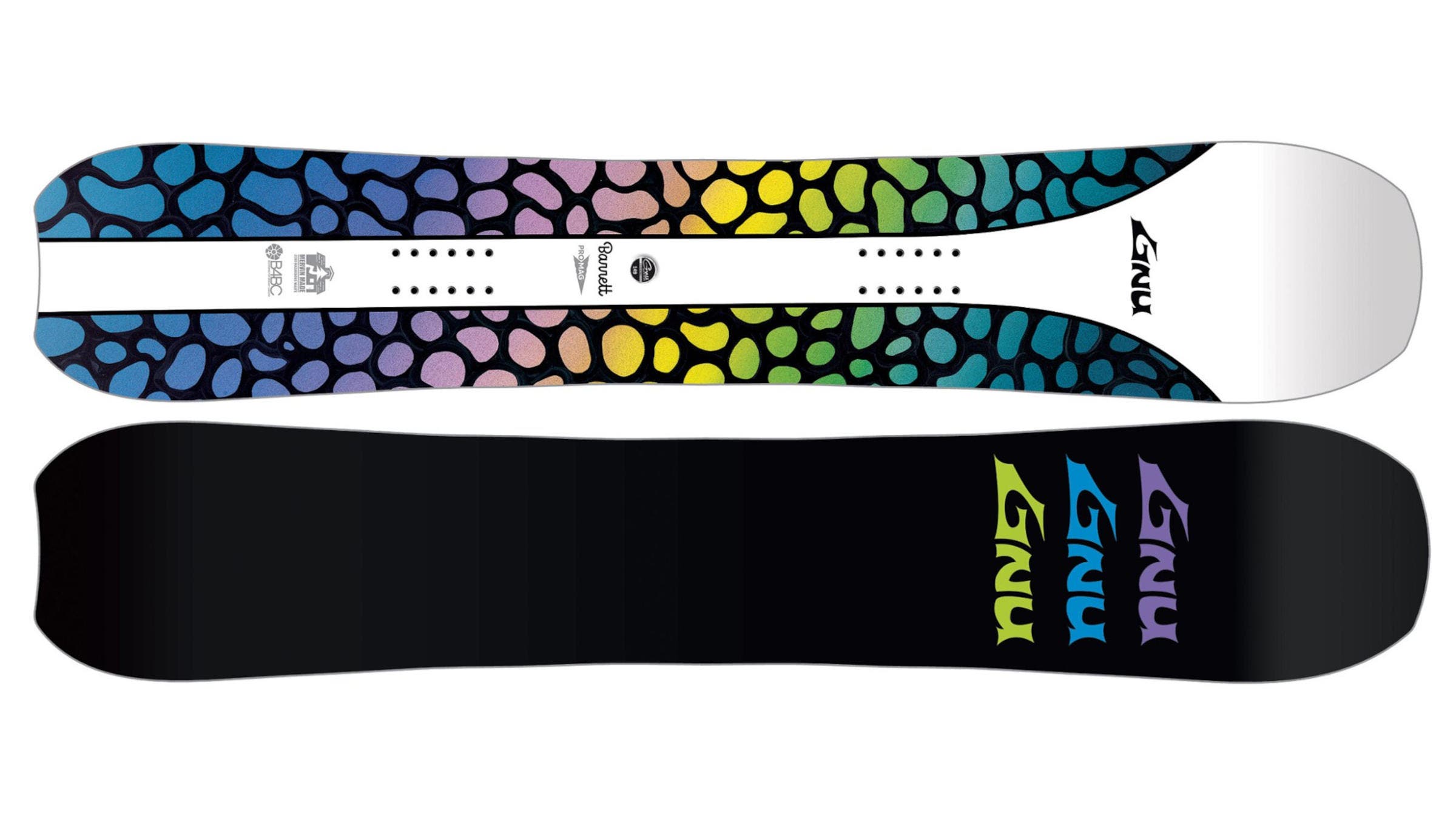 One of the Best Women's Snowboards, the 2026 Gnu Barret is displayed in tones of black and white with rainbow-colored pebbles on a white background