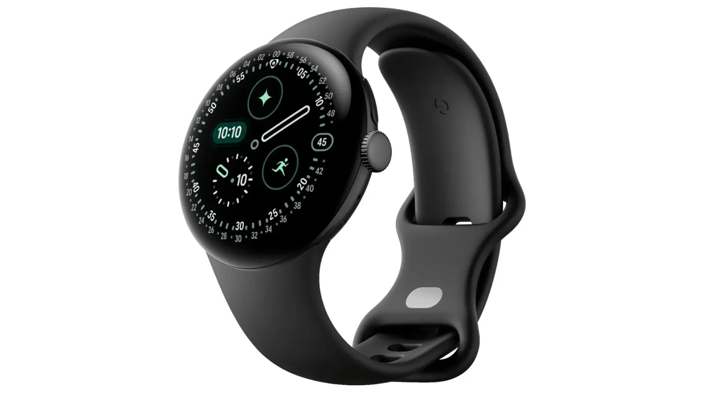 black Google Pixel 4 smartwatch showing time display
