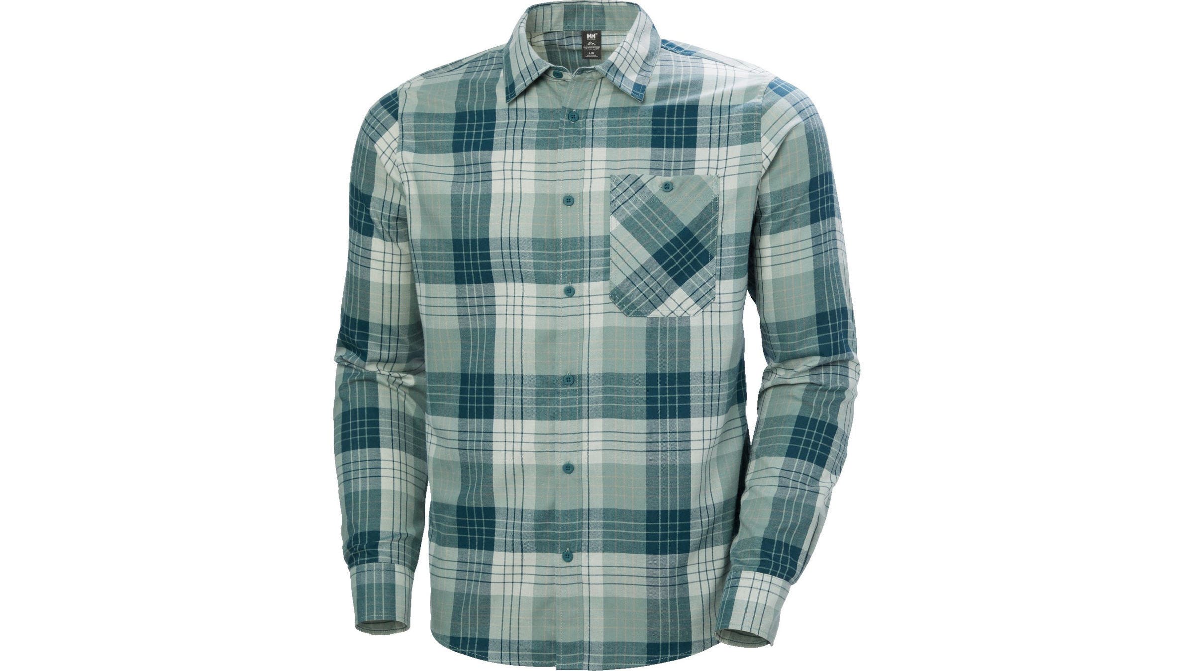 The Helly Hansen Aker Flannel, a top contender for the best flannel shirts for men, featuring a teal and white plaid pattern with a functional chest pocket and durable construction for work or outdoor wear.