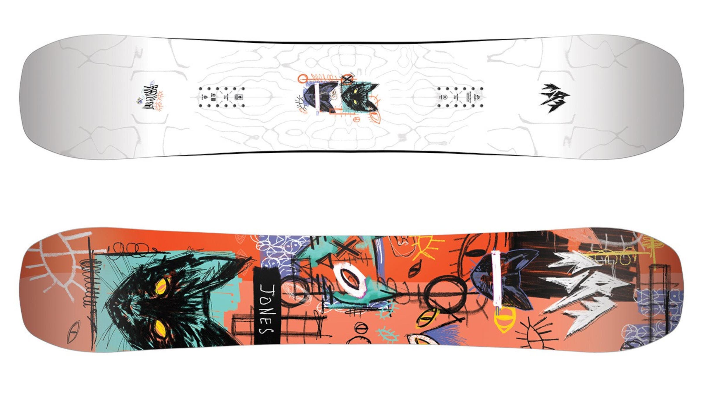 One of the Best Women's Snowboards, the 2026 Jones Rally Cat is displayed in tones of black and white with orange and purple cat-scratch graphics on a white background