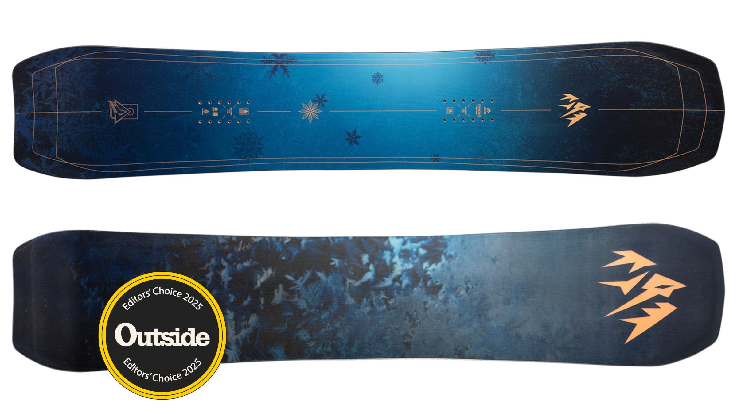 One of the Best Women's Snowboards, the 2026 Jones Women's Howler is displayed in tones of black and blue with gold trim on a white background