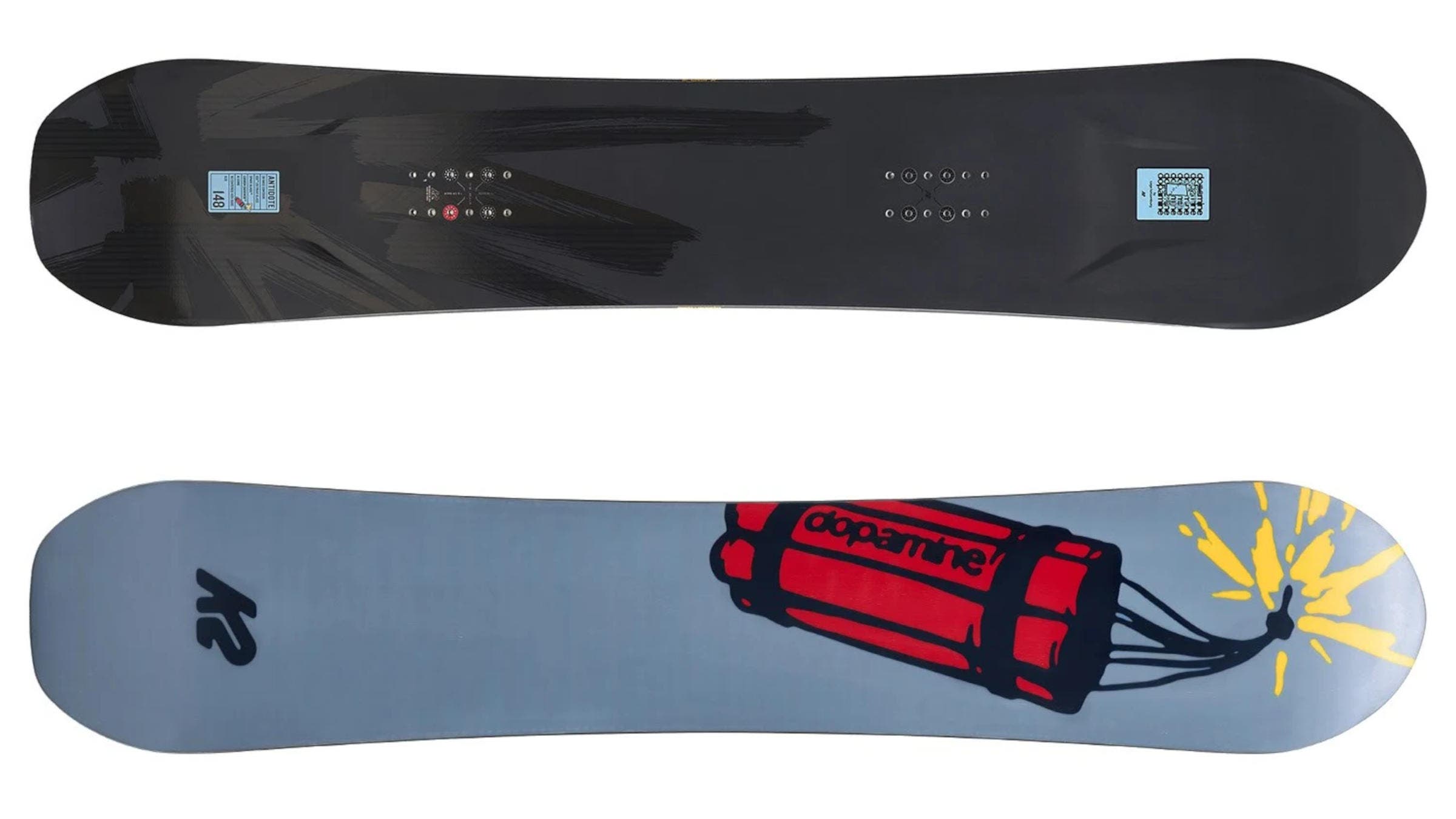 One of the Best Women's Snowboards, the 2026 K2 Antidote is displayed in tones of black and gray with a dynamite graphic labelled "dopamine".