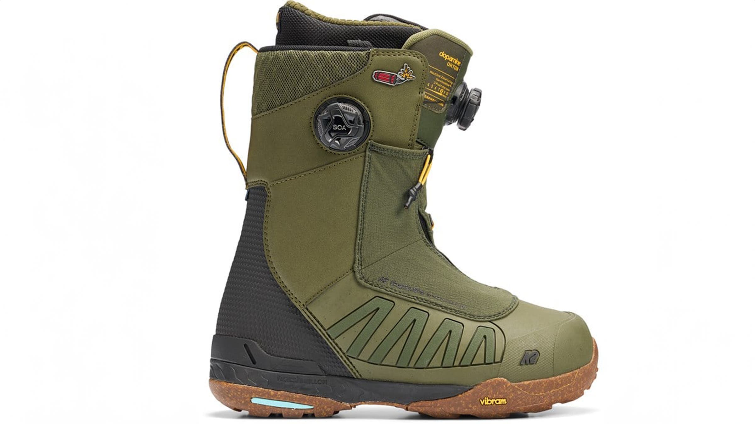 K2 Orton green snowboard boots on white background
