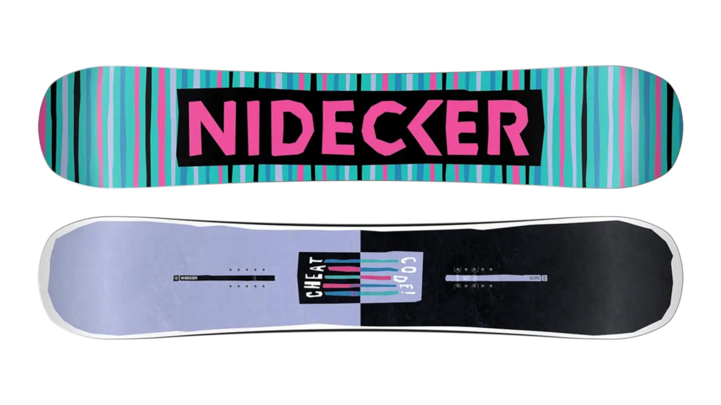 One of the Best Women's Snowboards, the 2026 Nidecker Cheat Code in black,lavender, pink, and teal on a white background.