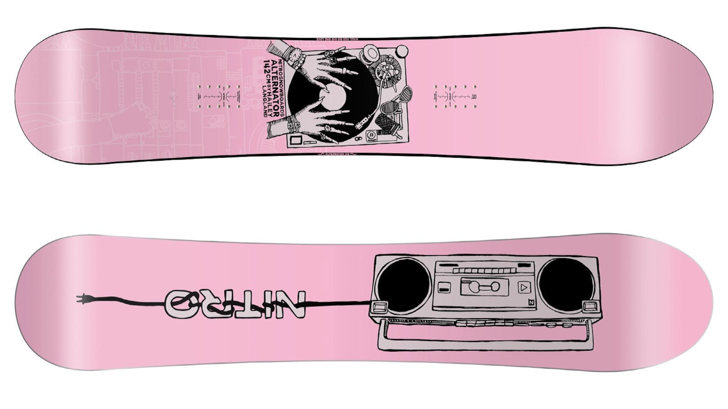 One of the Best Women's Snowboards, the 2026 Nitro Alternator X Hailey in tones of pink with black graphics and trim on a white background.