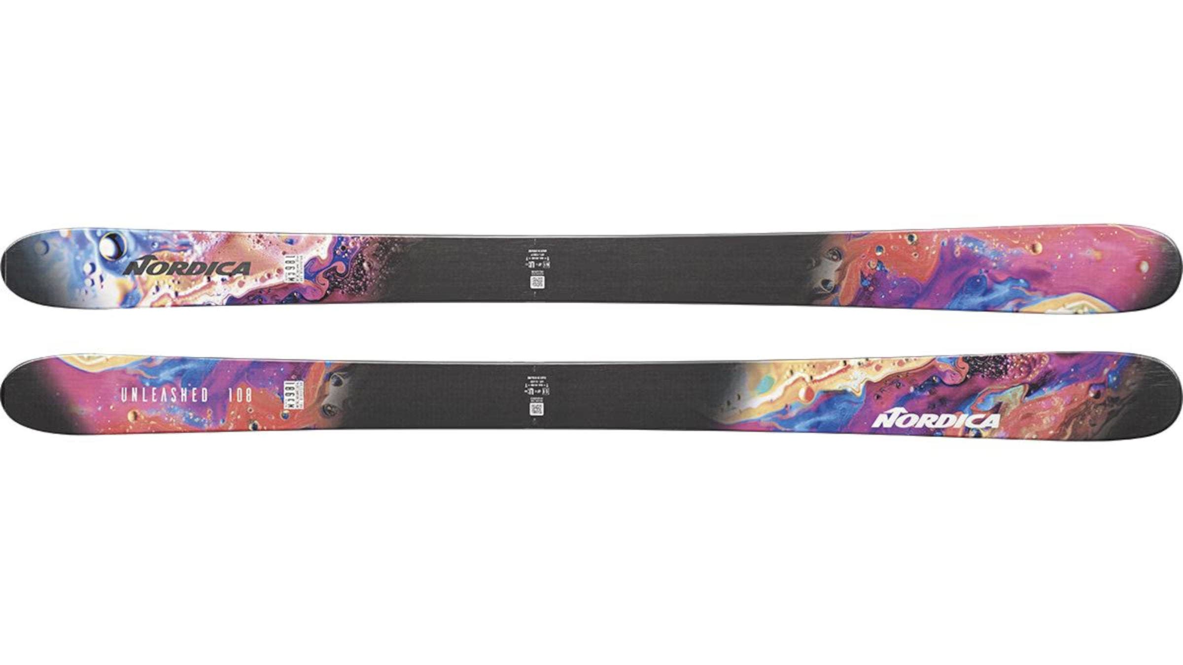 Nordica Unleashed 108 skis black with colorful oil slick graphics on a white background