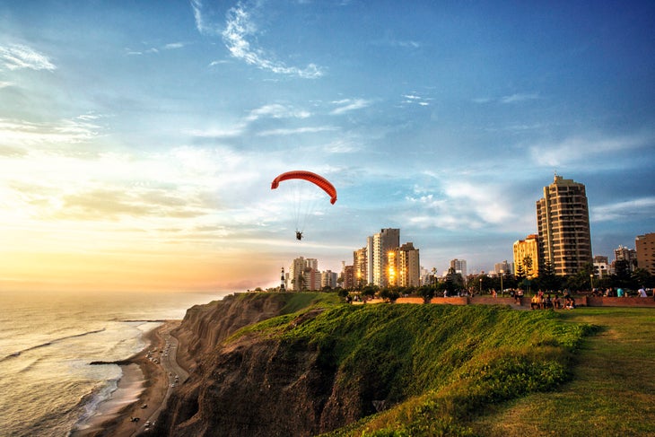Paragliders on the coast in Lima