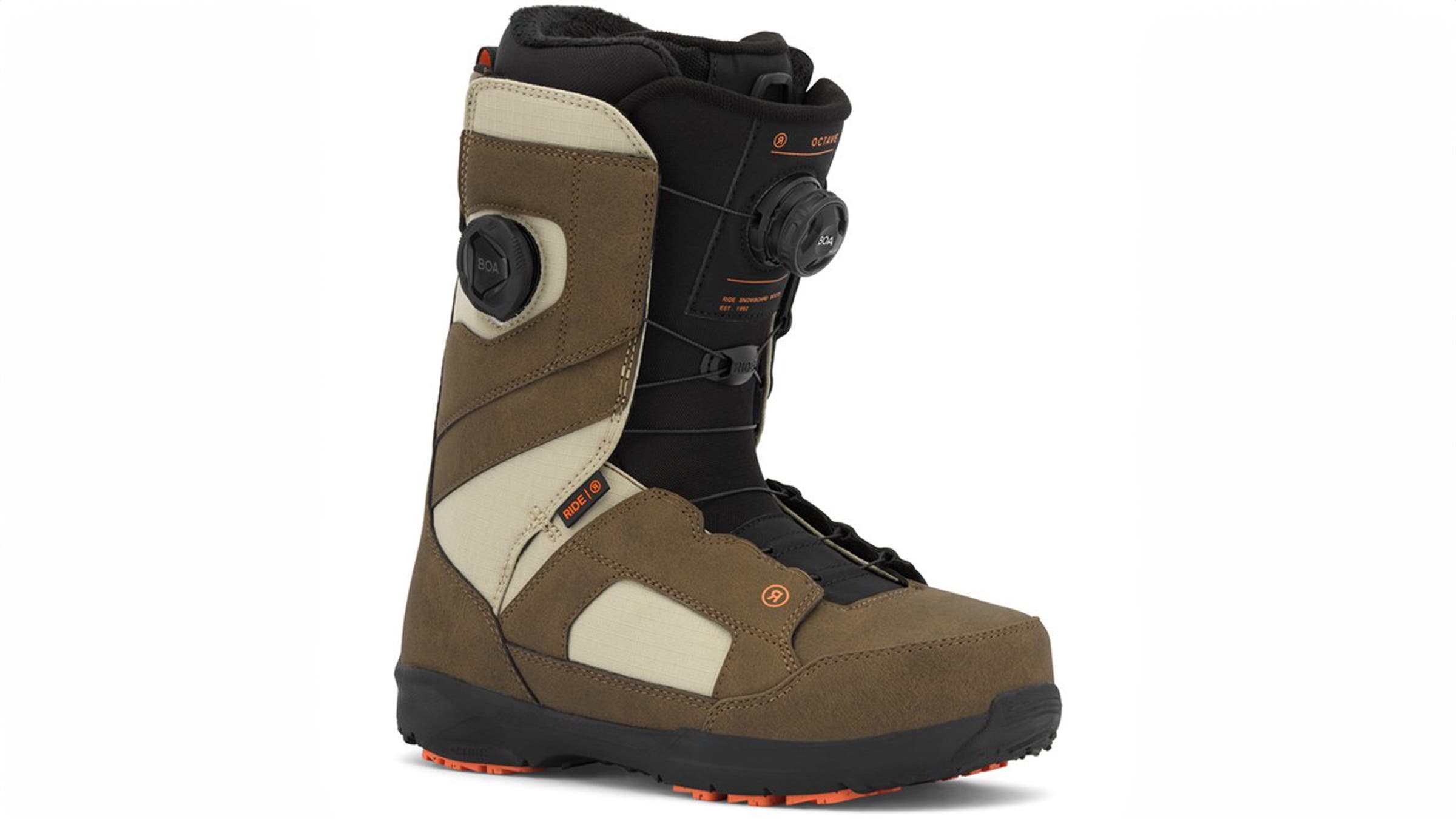 Ride Octave brown and tan snowboard boot on white background