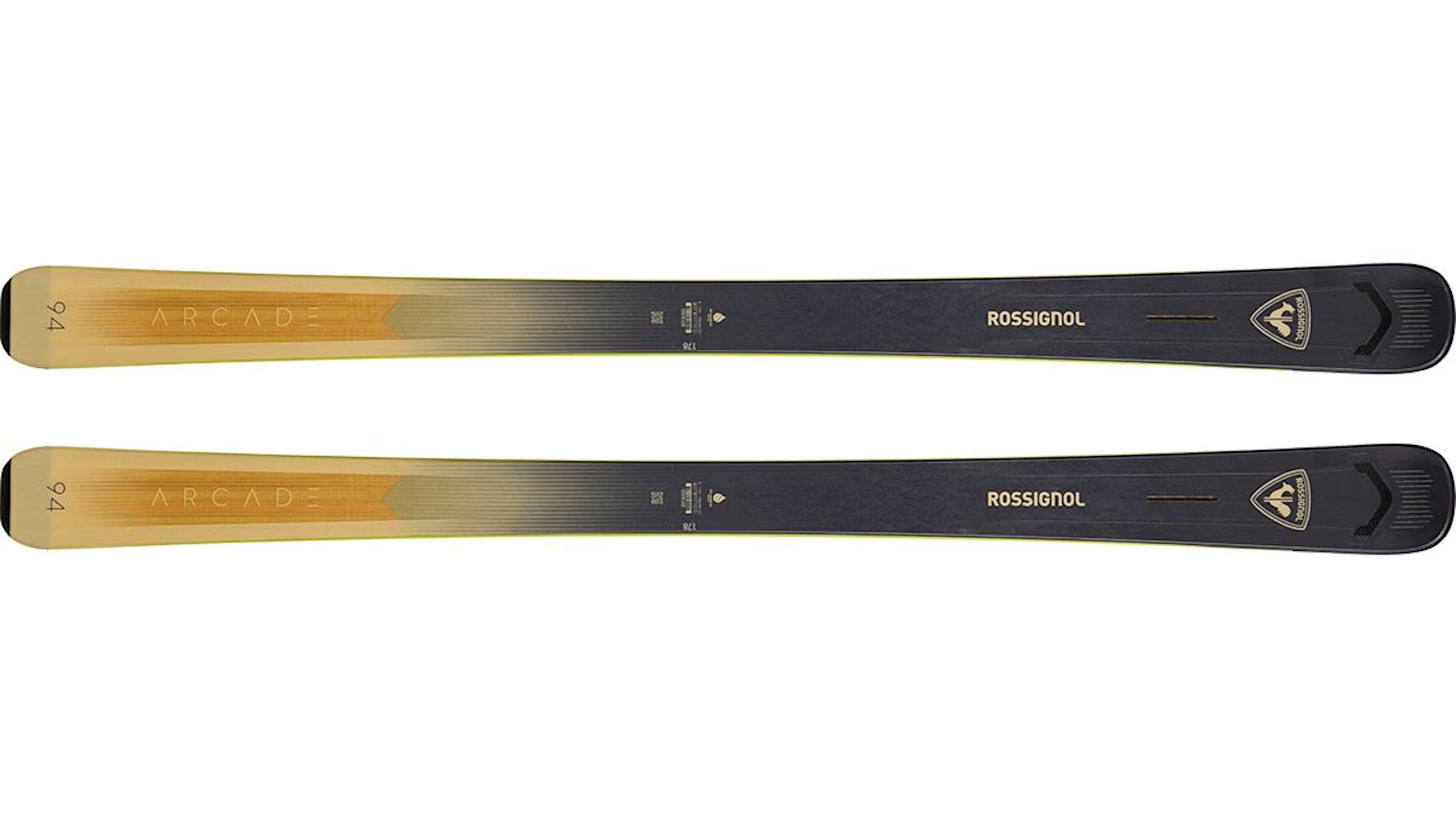 Rossignol Arcade W 94 skis colored gold and black on a white background
