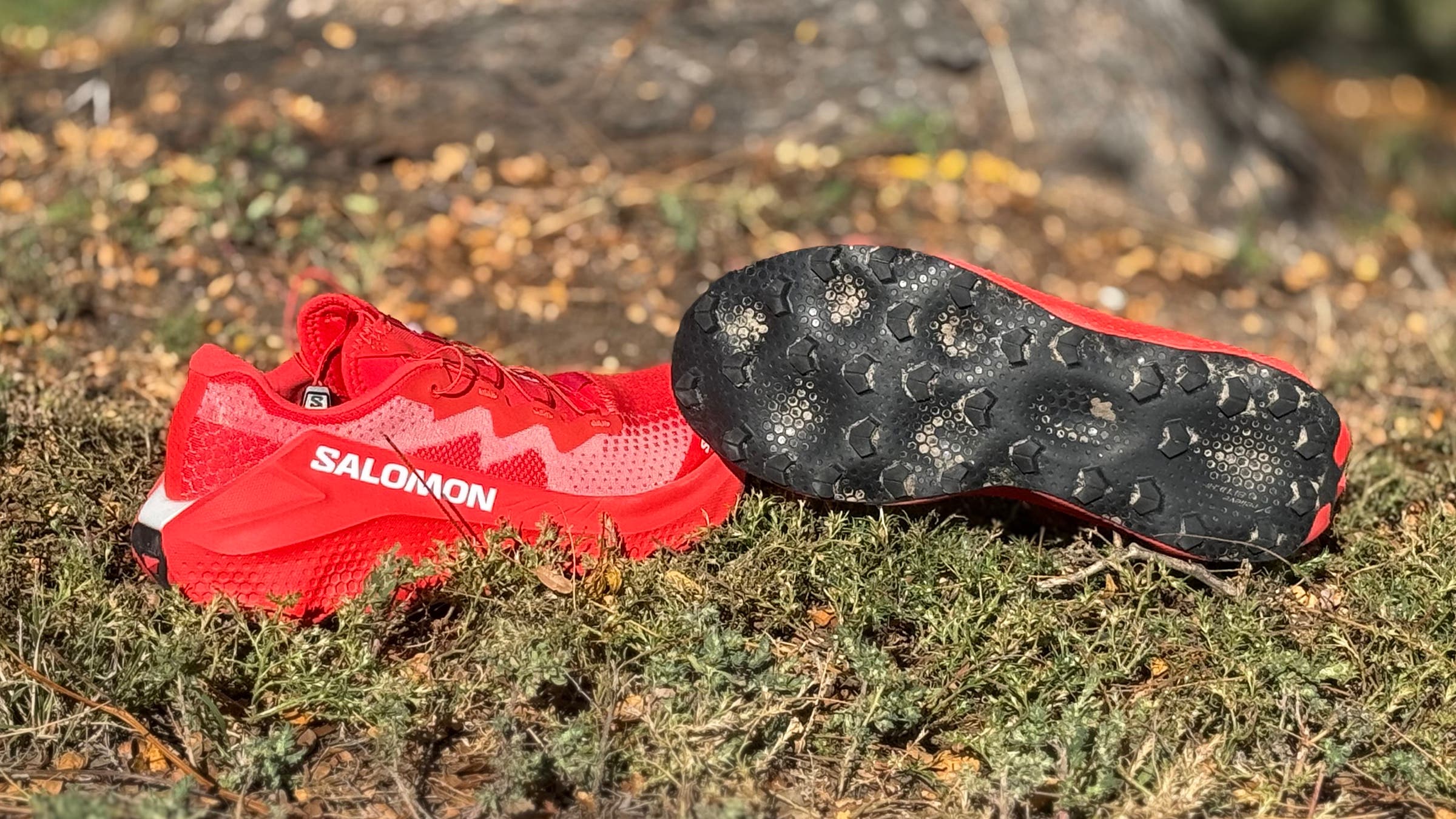 Red Salomon S/Lab UltraGlide 1.5 trail running shoes shown on grassy dirt
