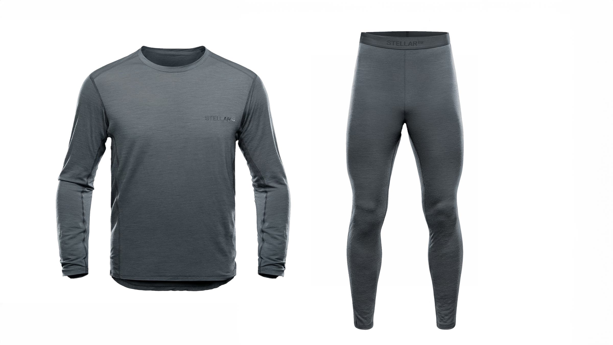 Stellar Merino Base Layers Top and Tights grey on white background
