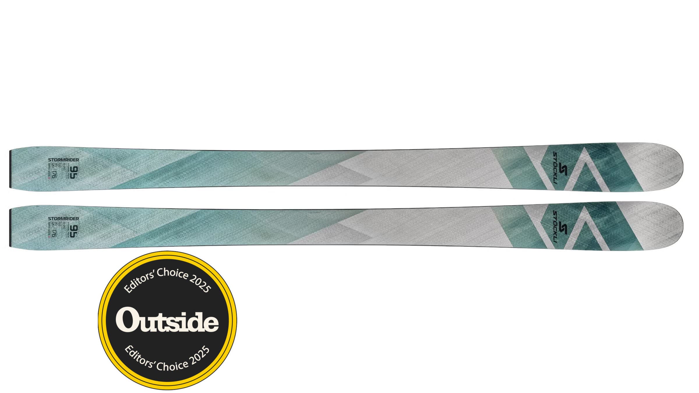 Stöckli Stormrider 95 skis colored teal and steel-gray on a white background. A medal in the bottom left is labelled "Editor's Choice 2025" with the Outside logo.