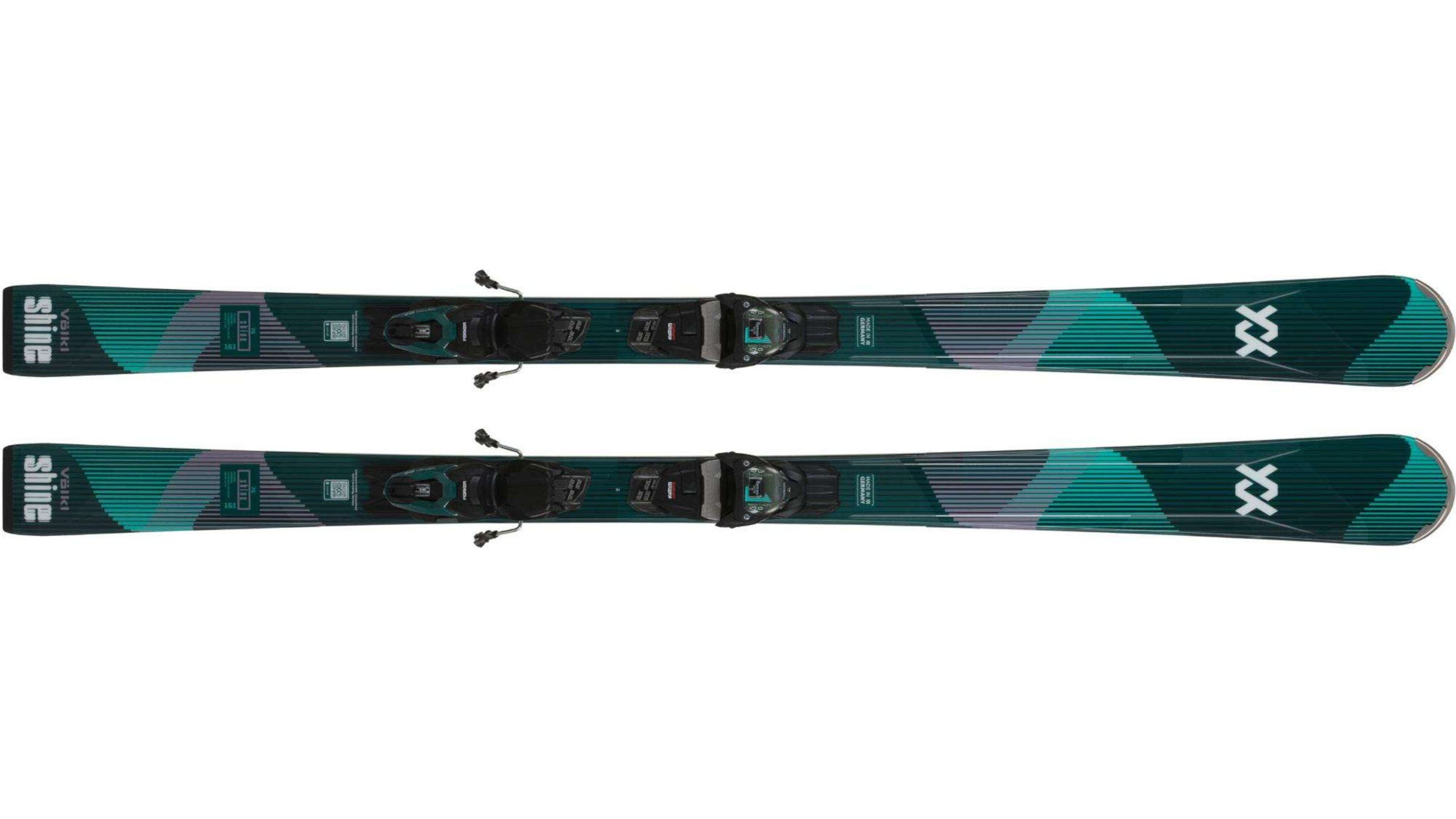 Völkl Shine 76 black and teal skis on a white background