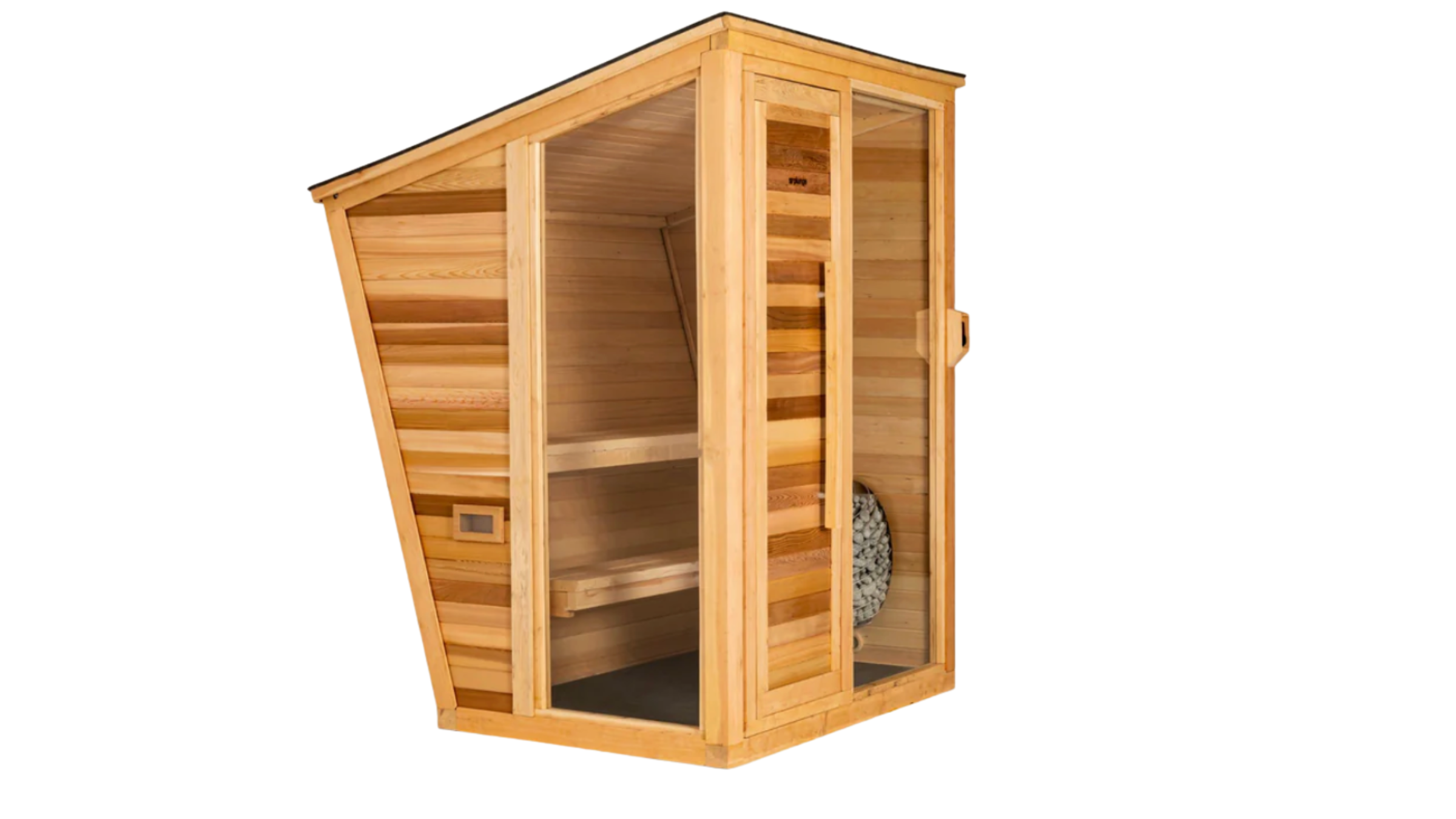 wooden home sauna with slanted room and varied wood tones from Plunge