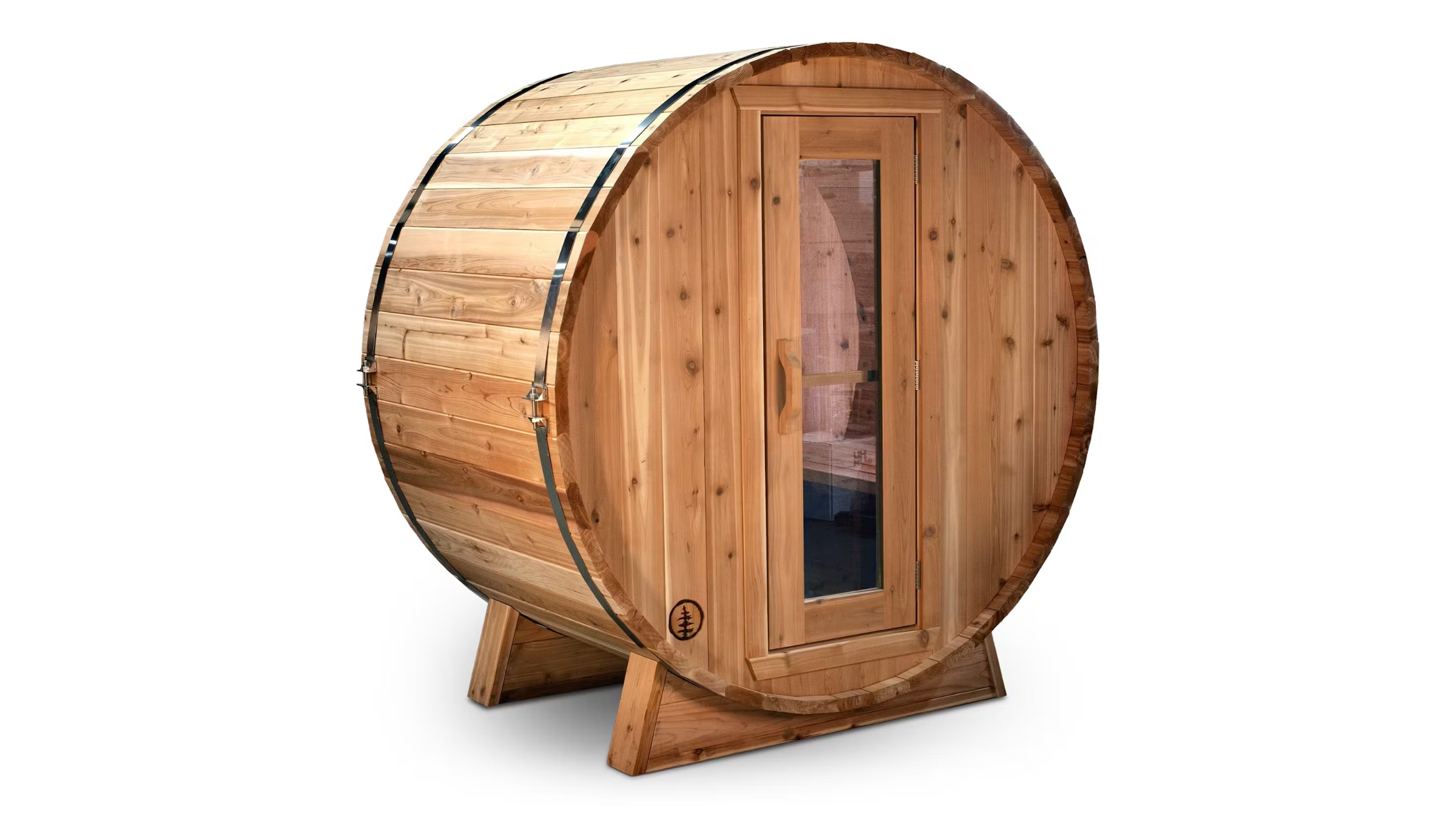Wooden SISU barrel-style wooden sauna on white background as a best home sauna