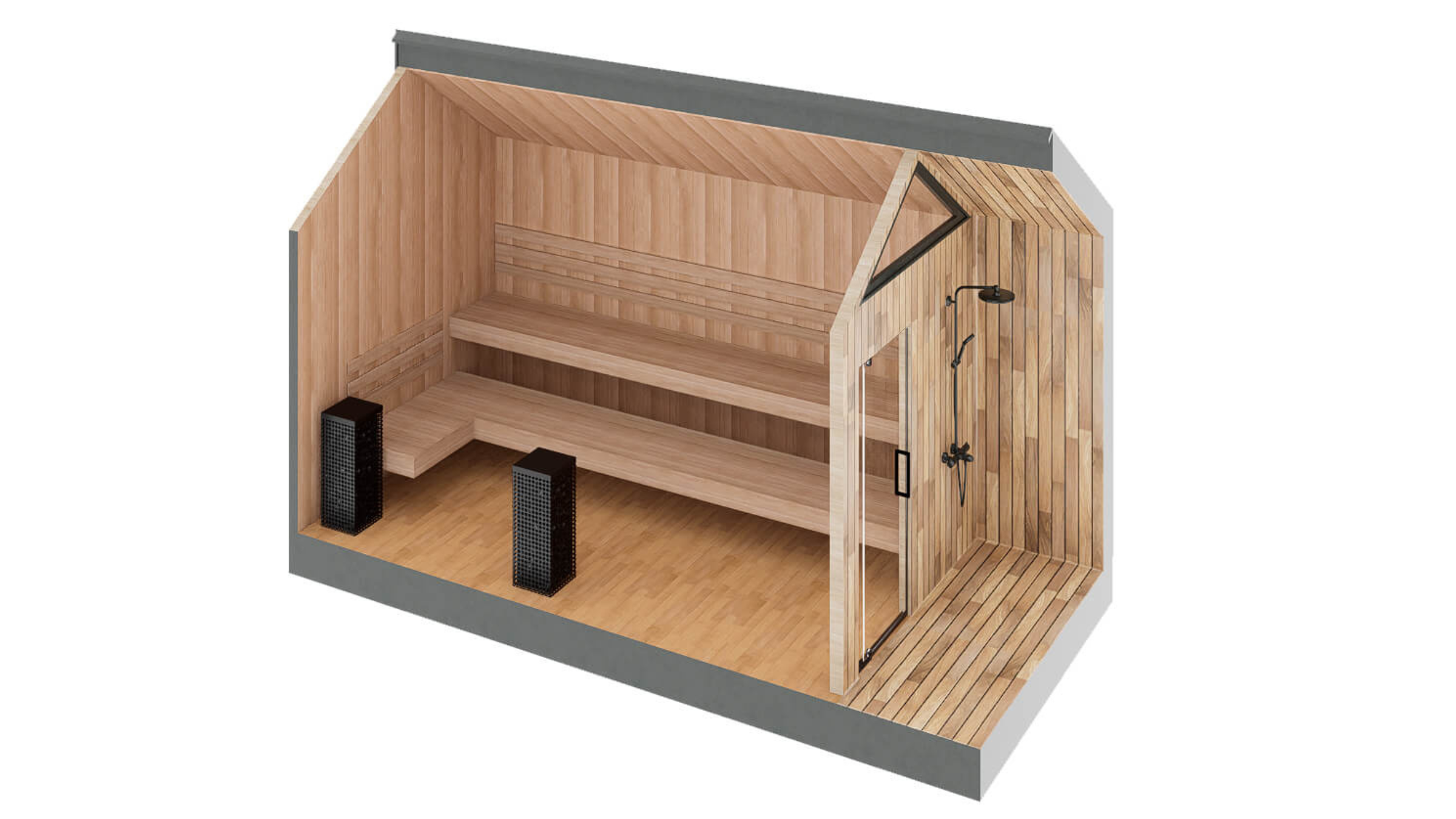 rendering with open side of large home sauna on white background
