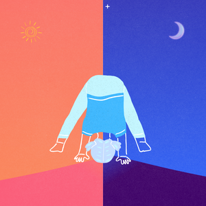 person doing a forward fold stretch on a day versus night background