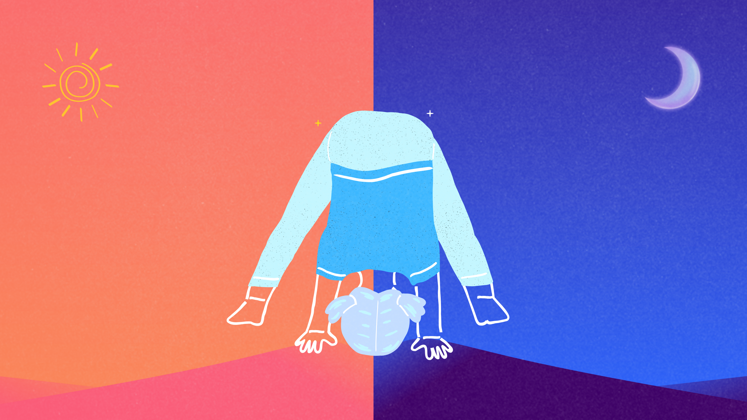 person doing a forward fold stretch on a day versus night background