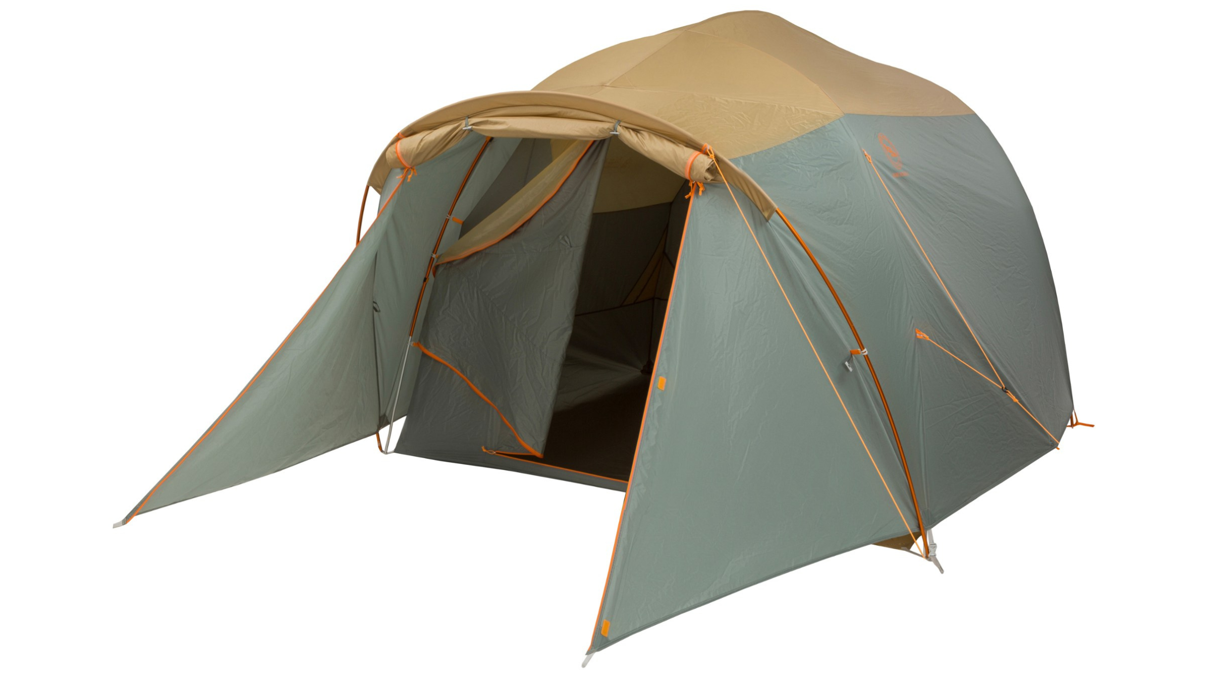 Green and yellow Big Agnes Bunk House 4 tent for car camping on white background