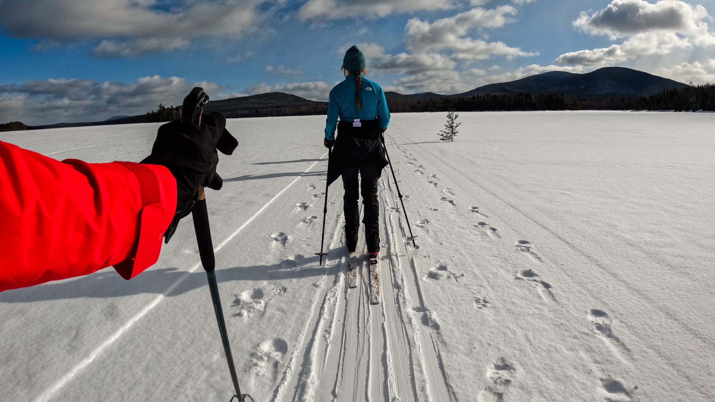 Testing women's fleece jackets while cross-country skiing