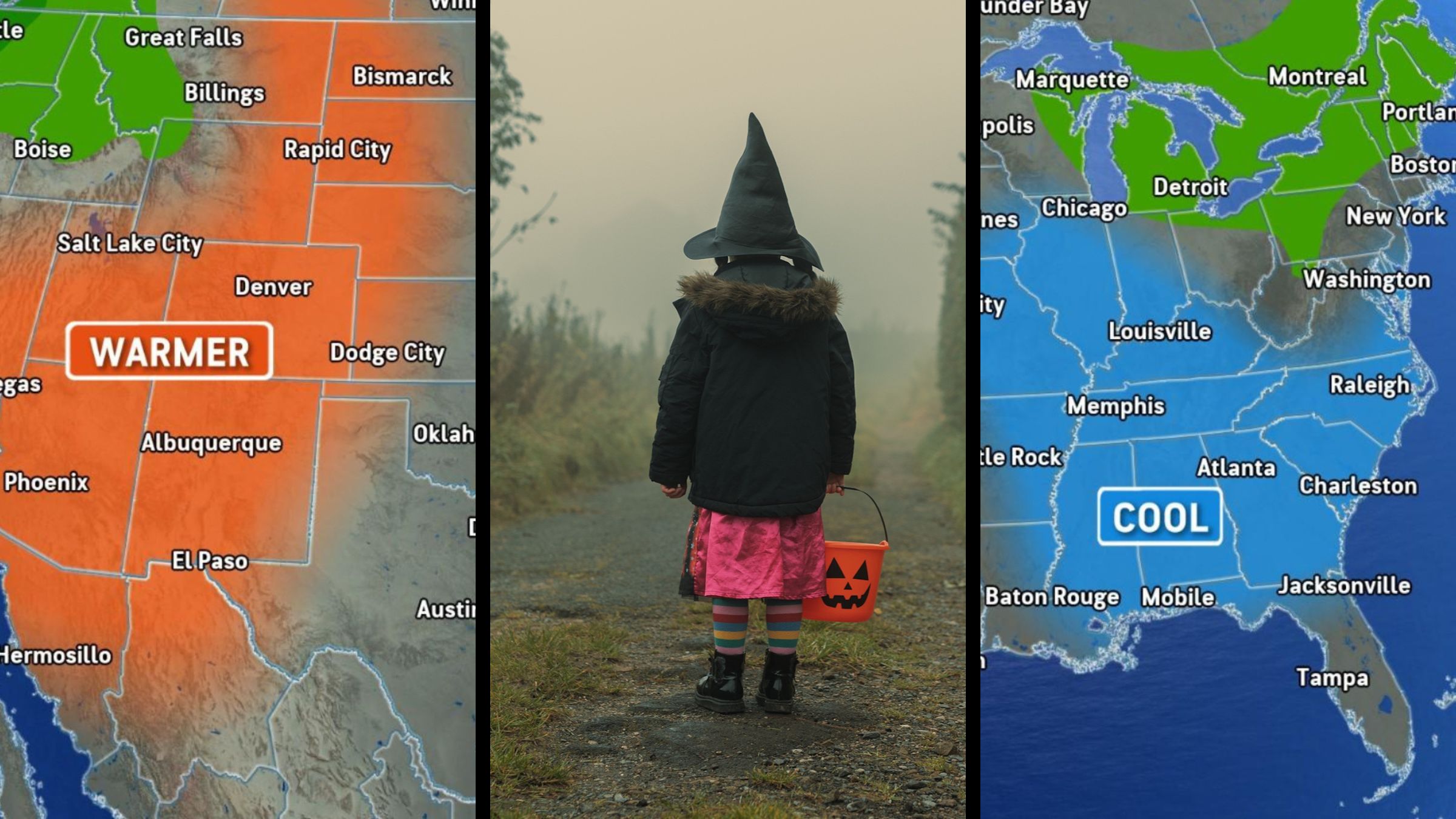 weather forecast map with trick-or-treater