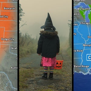weather forecast map with trick-or-treater