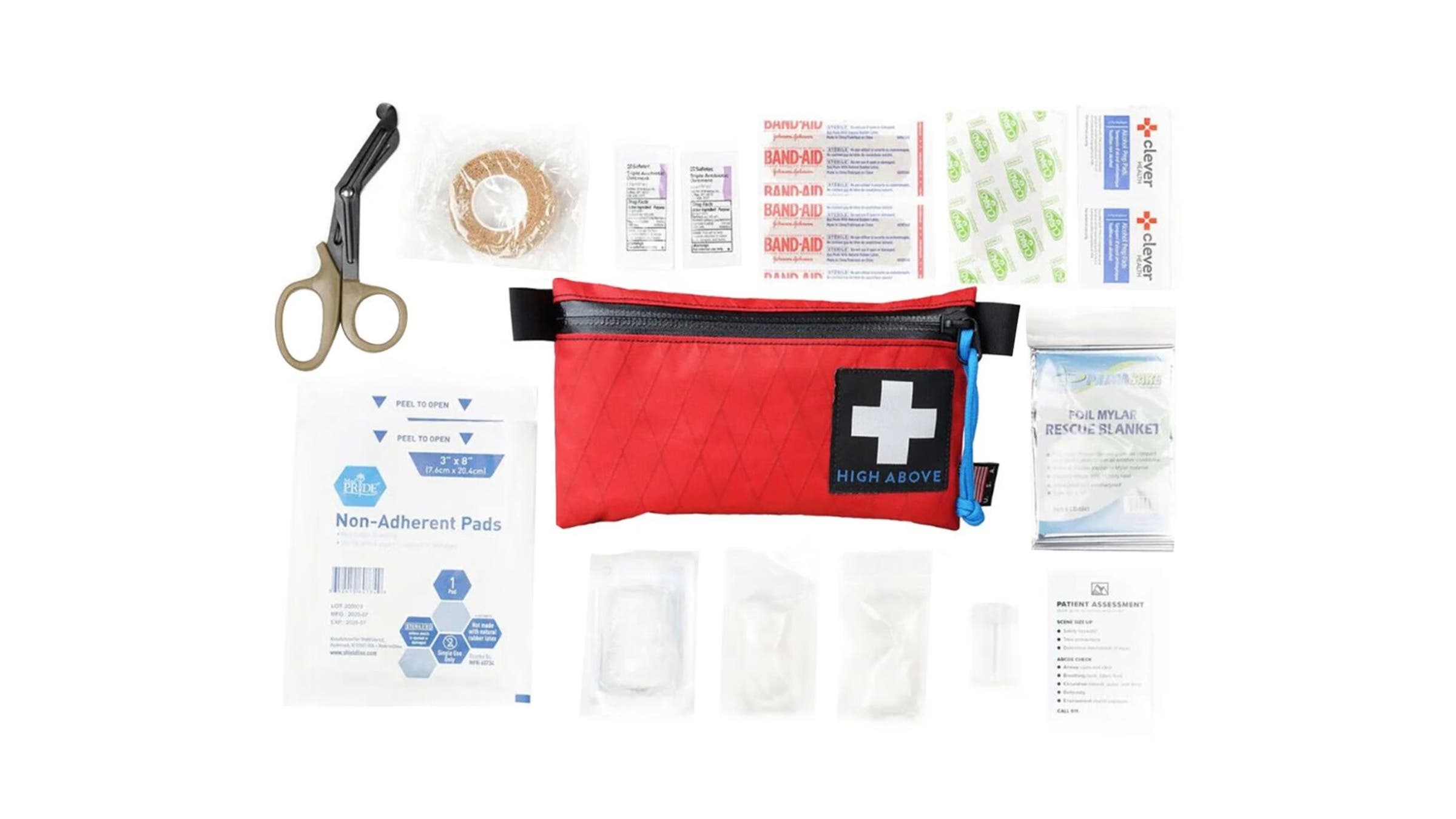 high above first aid kit laid out on a white background