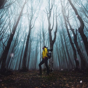 man standing in spooky woods