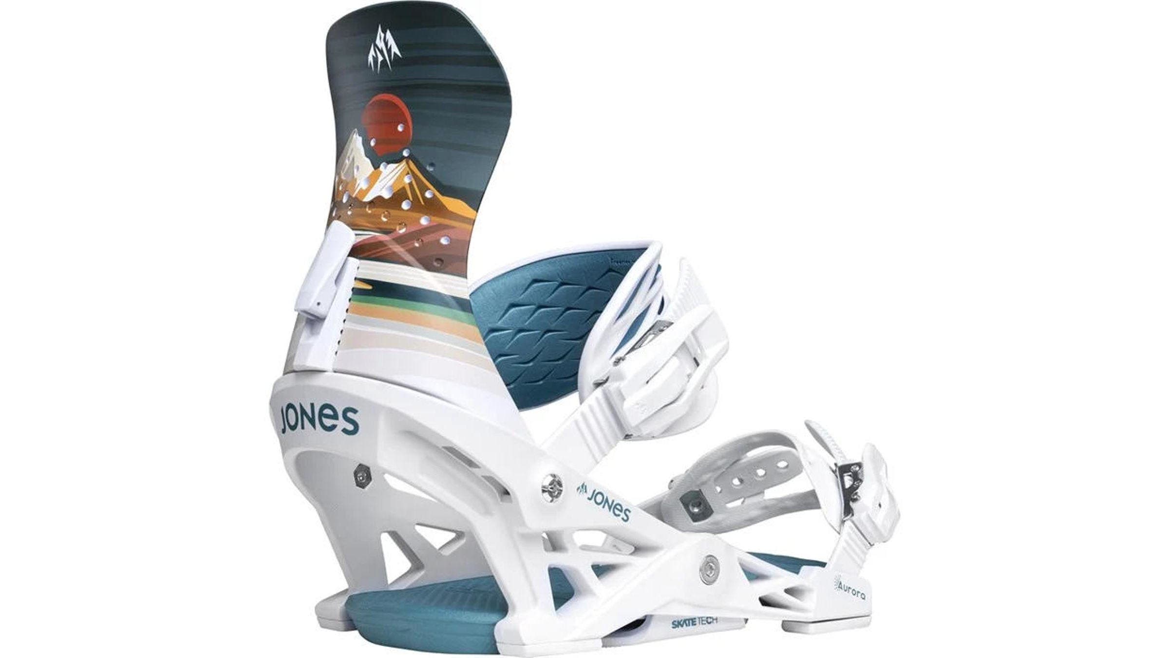 Jones Aurora white snowboard bindings with a mountain graphic