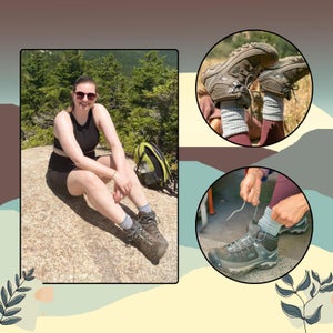 Images of the Keen Targhee 3 Hiking boot next to a woman wearing the boots while sitting atop a mountain