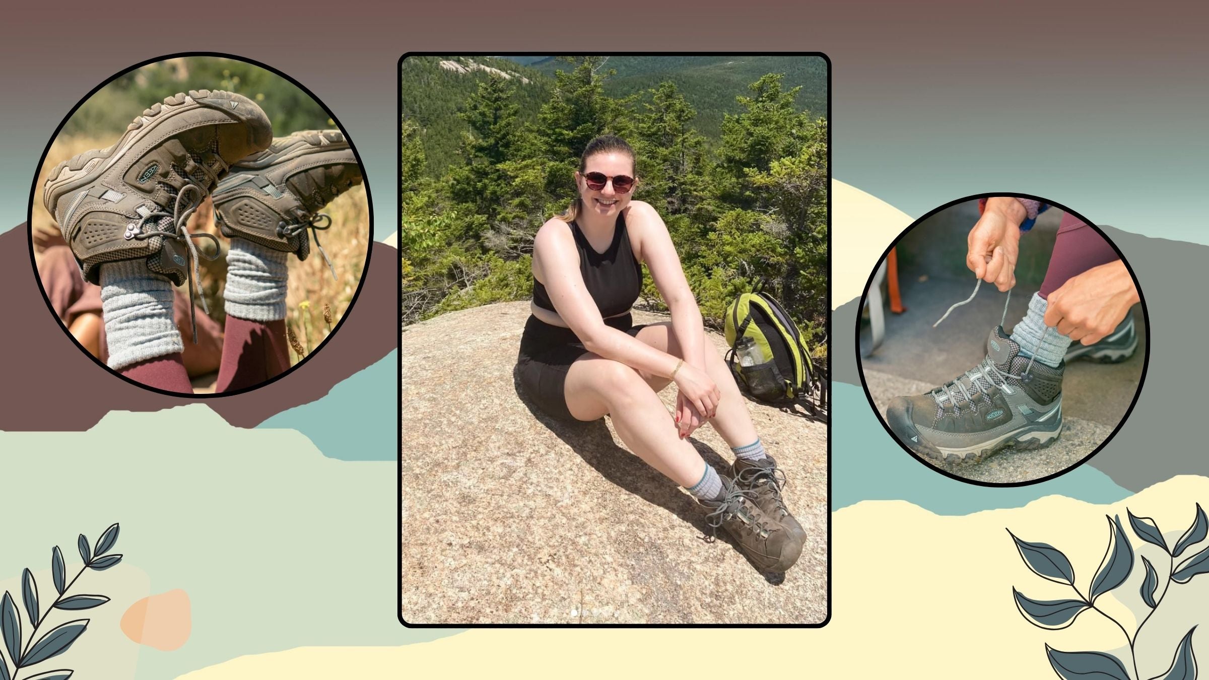 Images of the Keen Targhee 3 Hiking boot next to a woman wearing the boots while sitting atop a mountain