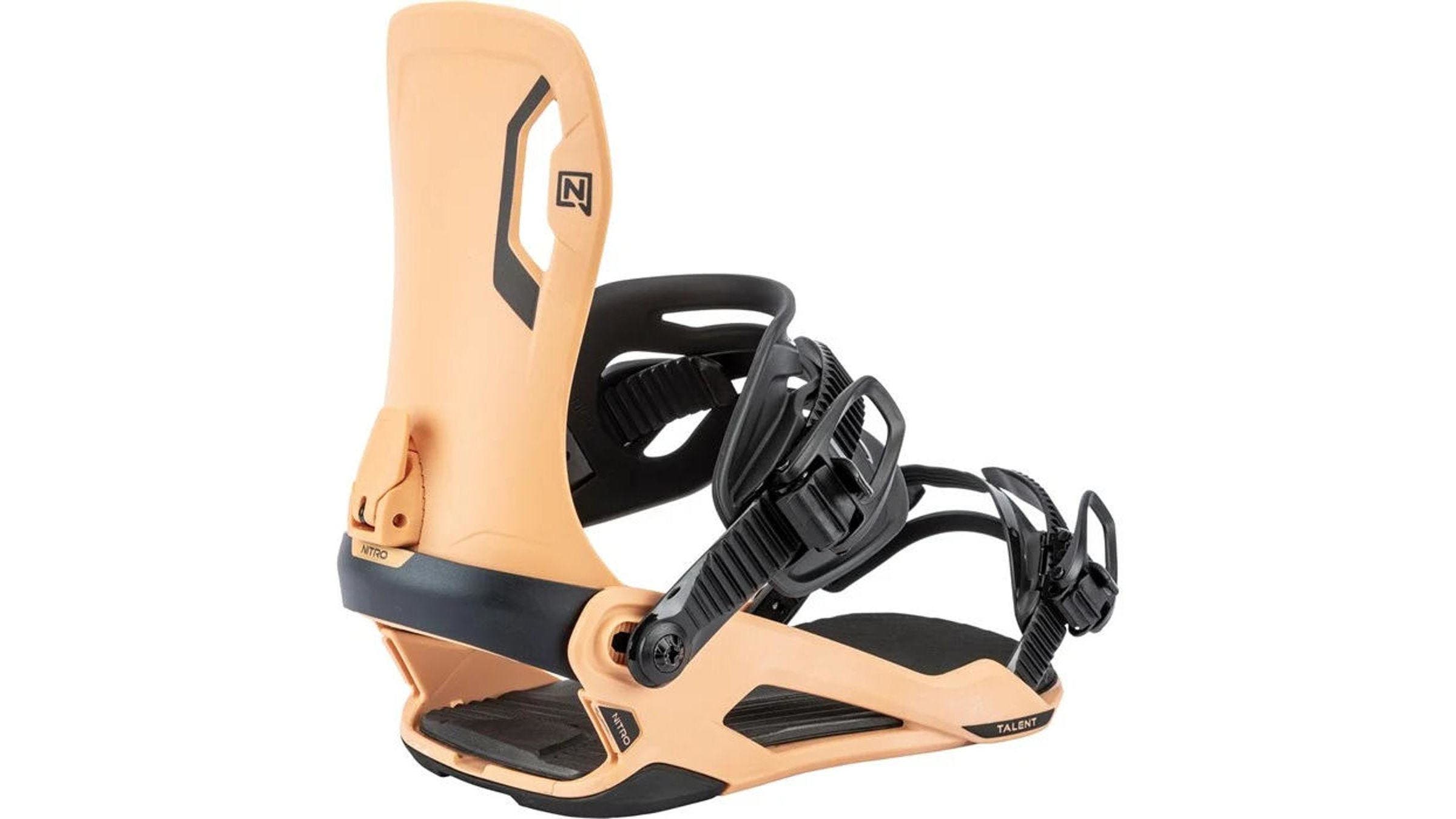 Nitro Talent black and peach-colored snowboard bindings