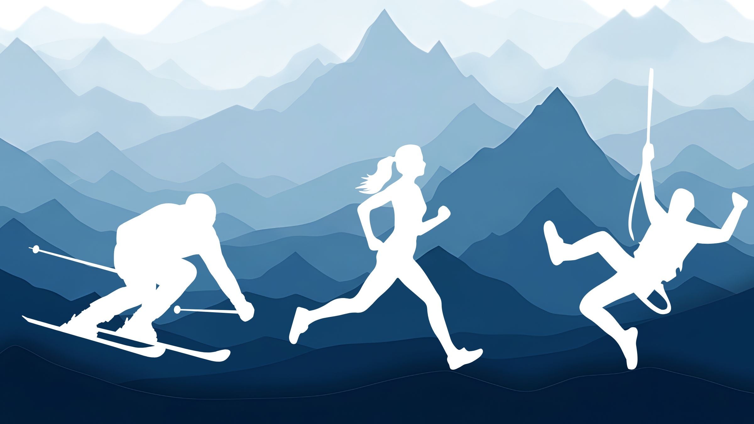 outlines of skier, runner, and climber