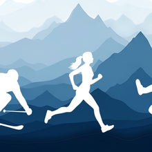 outlines of skier, runner, and climber