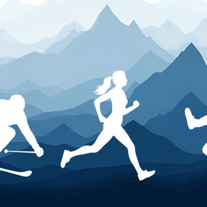 outlines of skier, runner, and climber