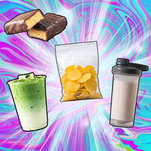 protein chips, shake, latte, protein bar protein craze concept