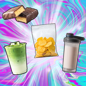 protein chips, shake, latte, protein bar protein craze concept