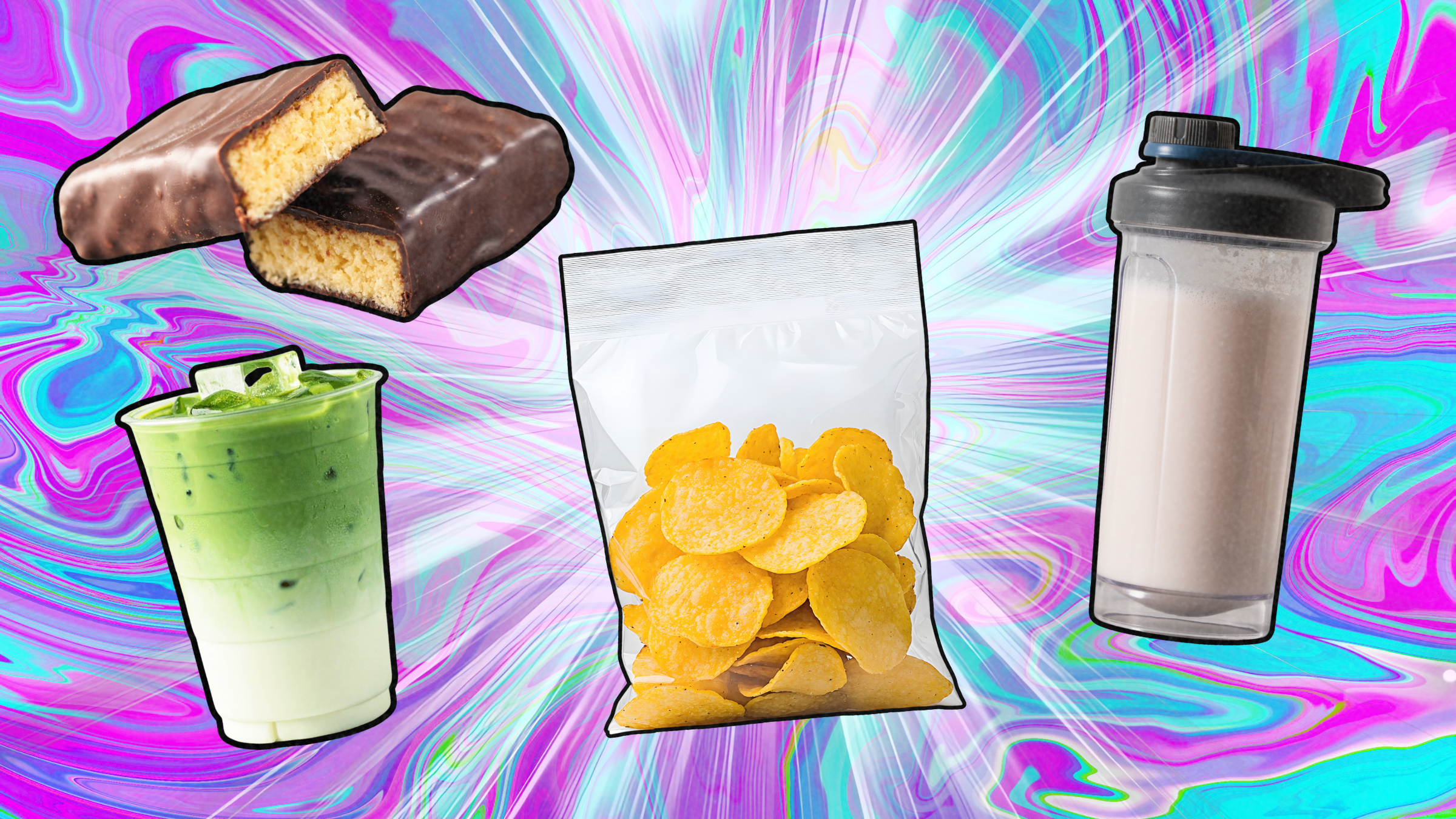 protein chips, shake, latte, protein bar protein craze concept