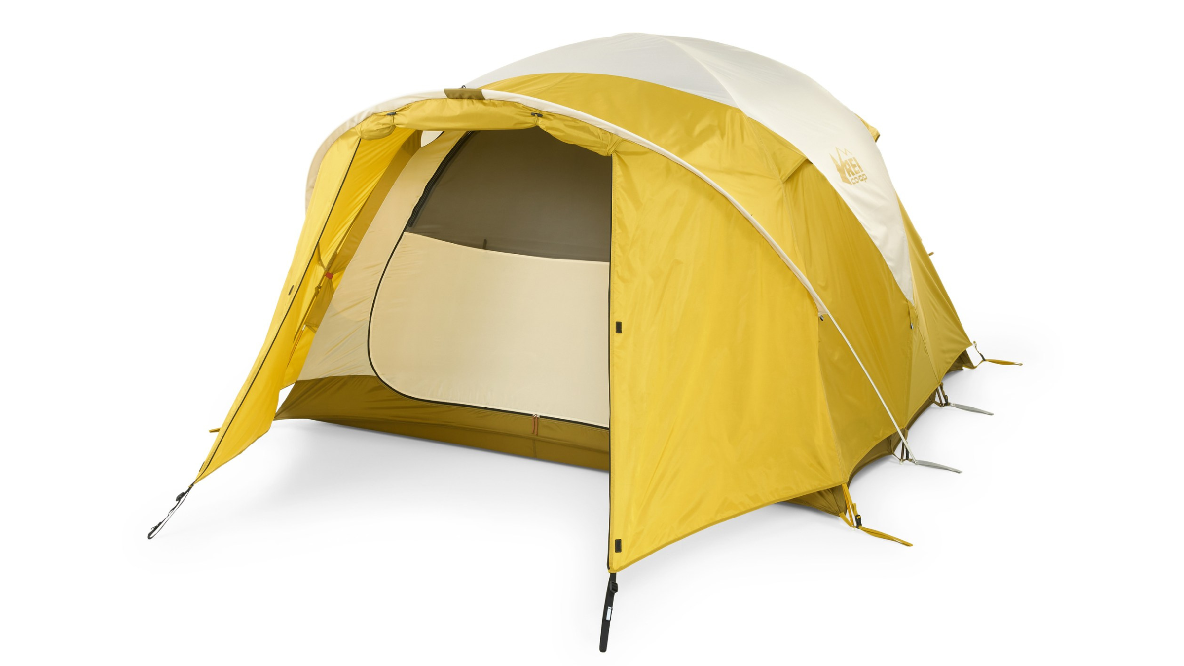 yellow and white REI Co-Op Base Camp 4 tent for car camping on white background